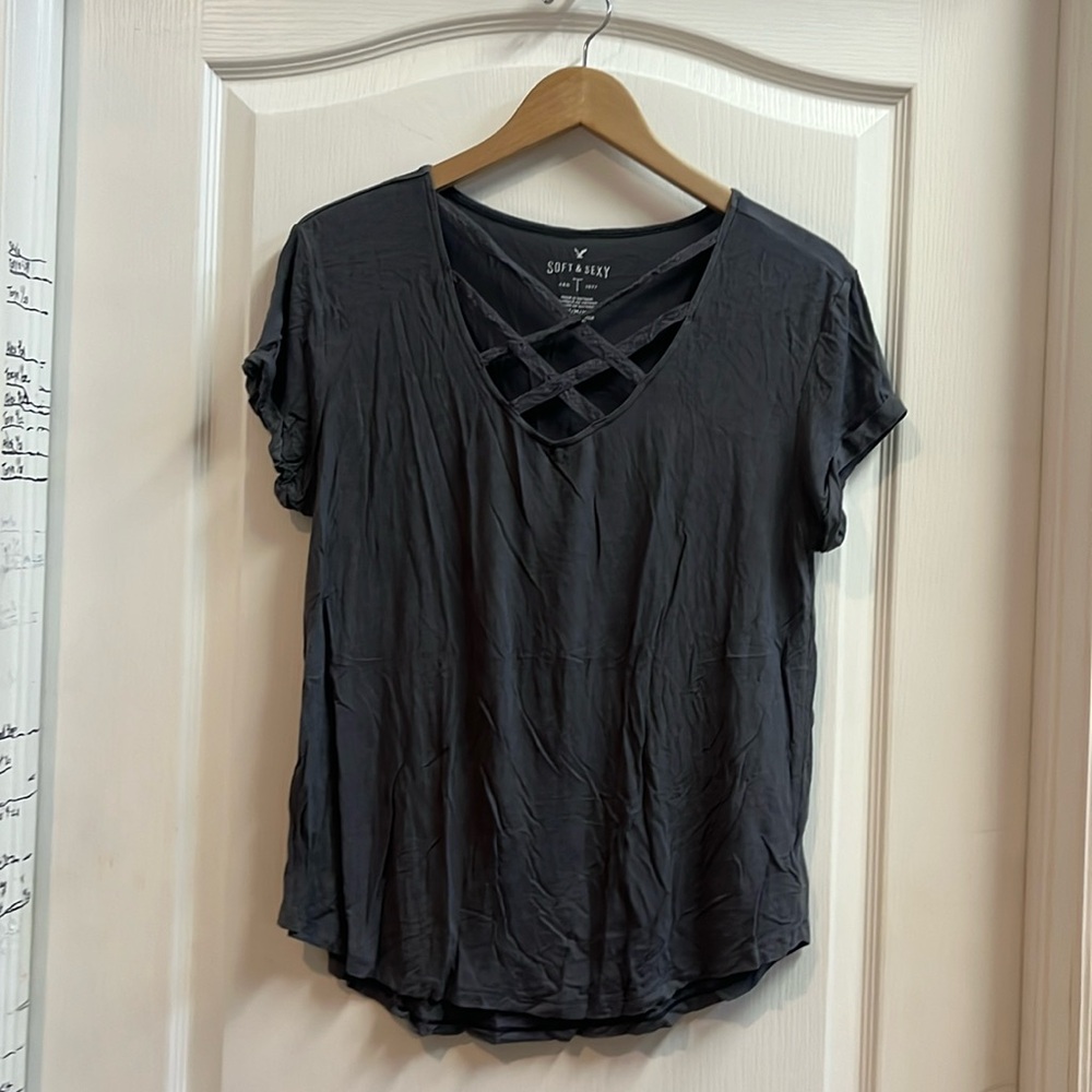 American eagle grey tee with Lacey strap v neck size medium